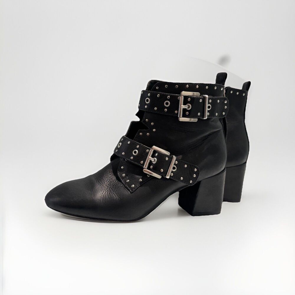 REBECCA MINKOFF Women's Black Leather Lamba Logan Booties Studded Sz 6 Buckle - Picture 3 of 14